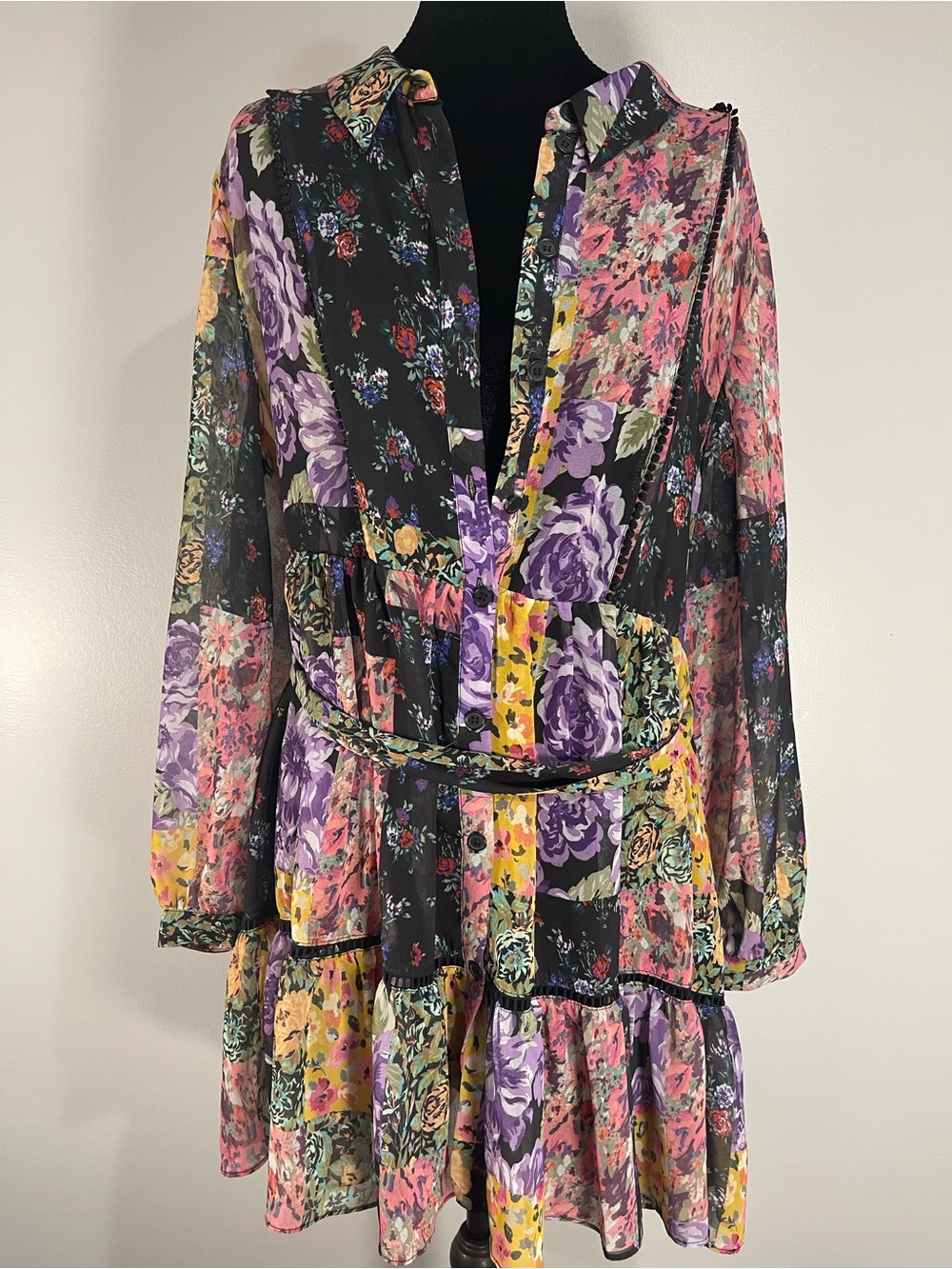 Zara Black Floral Patchwork Long Sleeve Tiered Dress Pom Pom Trim Sz. XXL